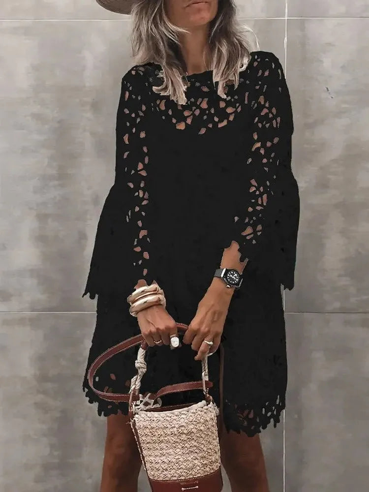 Spring Summer Sexy Lace Fashion White Embroidered Dress Elegant Solid Beach O-Neck Boho Casual Streetwear Female Party Vestido