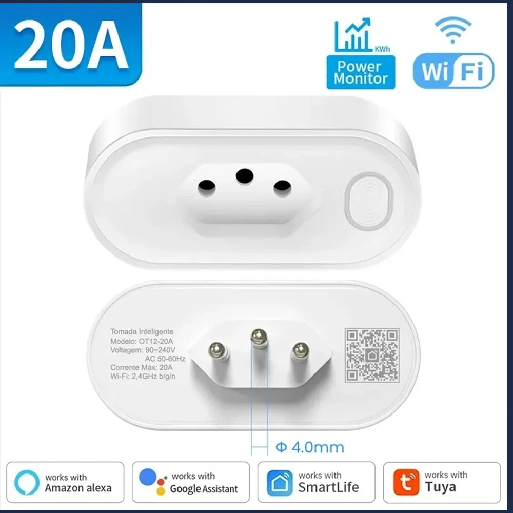 TNCE Tuya Brazil Plug 16/20A adapter, WIFI or zigbee3.0 socket with Power Monitor, Smart outlet control, Voice Google Home Alexa