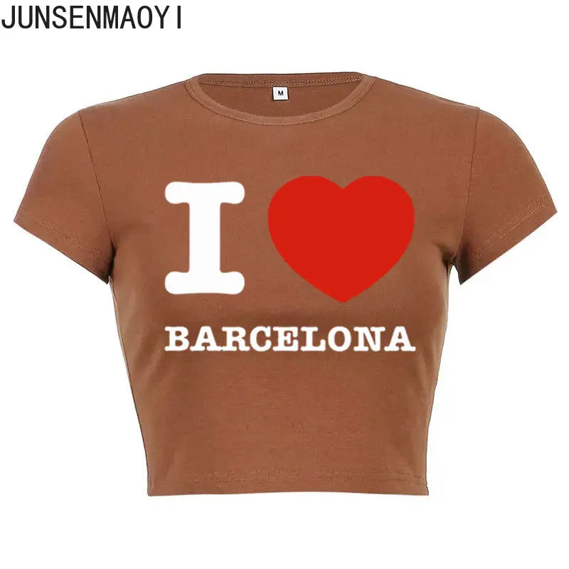 I Love Barcelona Women T Shirt Summer Harajuku Crop Top Sexy Party Clothes O Neck Cropped Navel Women Fashion T-Shirt