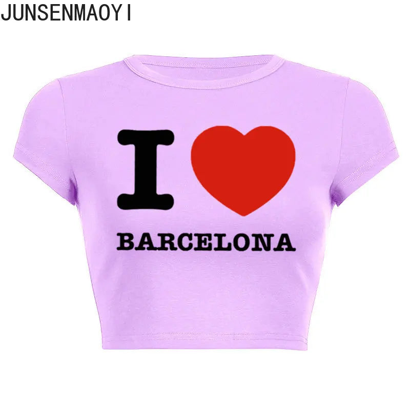 I Love Barcelona Women T Shirt Summer Harajuku Crop Top Sexy Party Clothes O Neck Cropped Navel Women Fashion T-Shirt