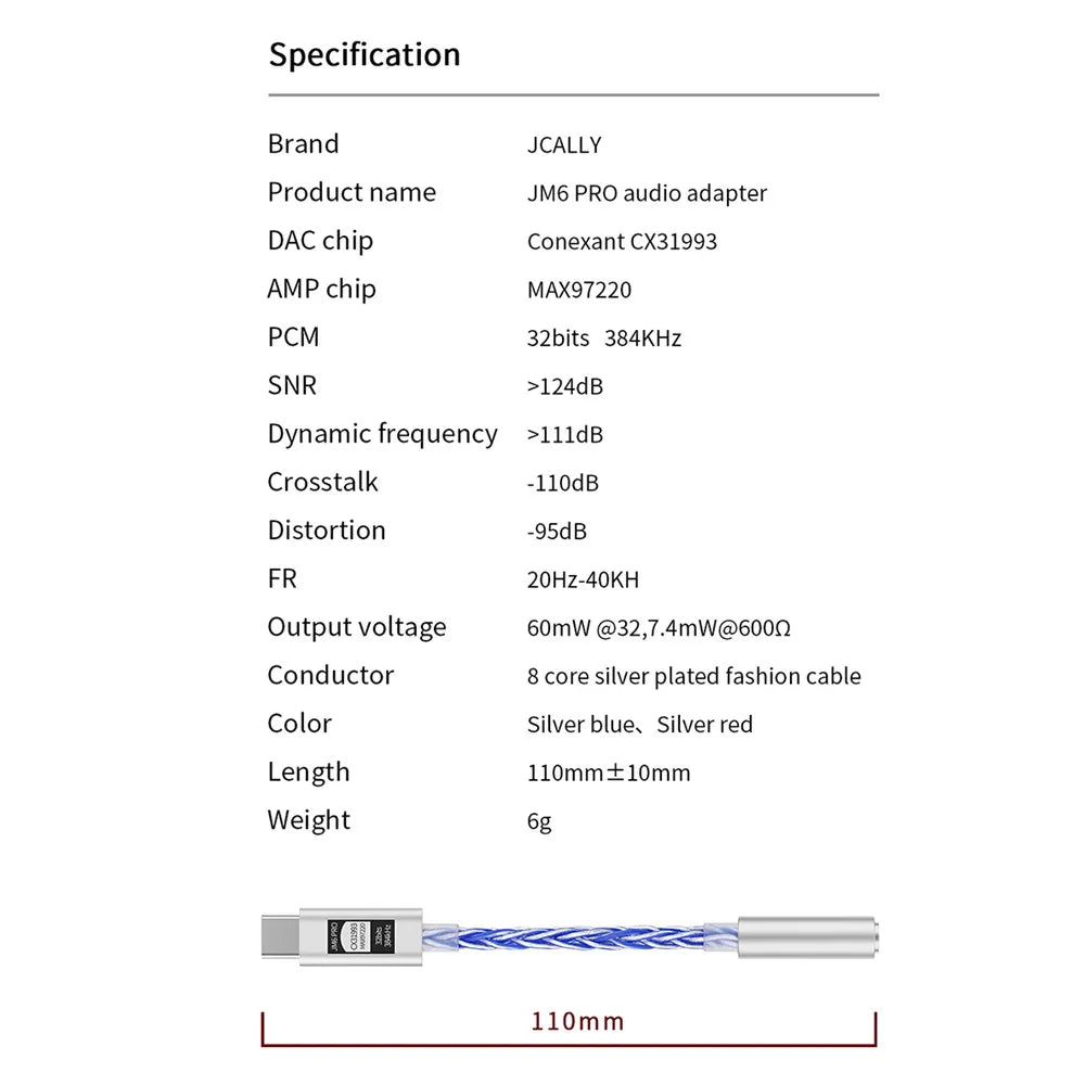 JCALLY JM6 Pro Type-C to 3.5mm Dual DAC CX31993 MAX97220 Digital Audio Portable Decoding Amp HiFi DAC Mobile Headset Adapter