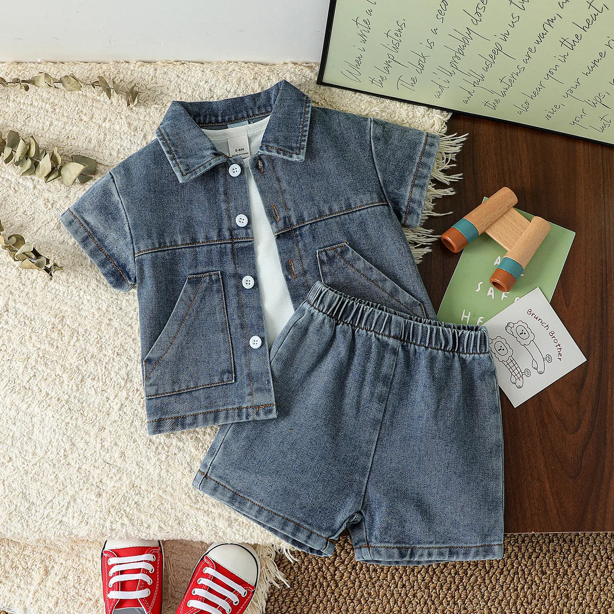 2025 Summer Baby Solid Denim Short Sleeve Set Boys /Girls' Denim Shirts& Shorts Two Piece Set Simple Casual Fashion Streetwear