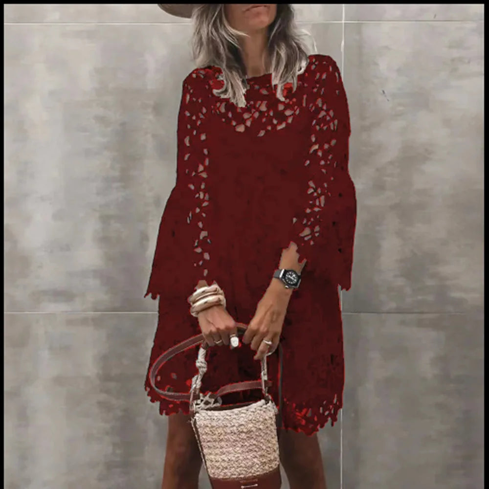 Spring Summer Sexy Lace Fashion White Embroidered Dress Elegant Solid Beach O-Neck Boho Casual Streetwear Female Party Vestido