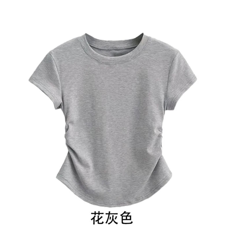 Summer 100% Cotton O Neck Sexy T Shirt Women Fashion Solid Color White Short Sleeve Tops Casual Skinny Slim Pullover Street Y2k