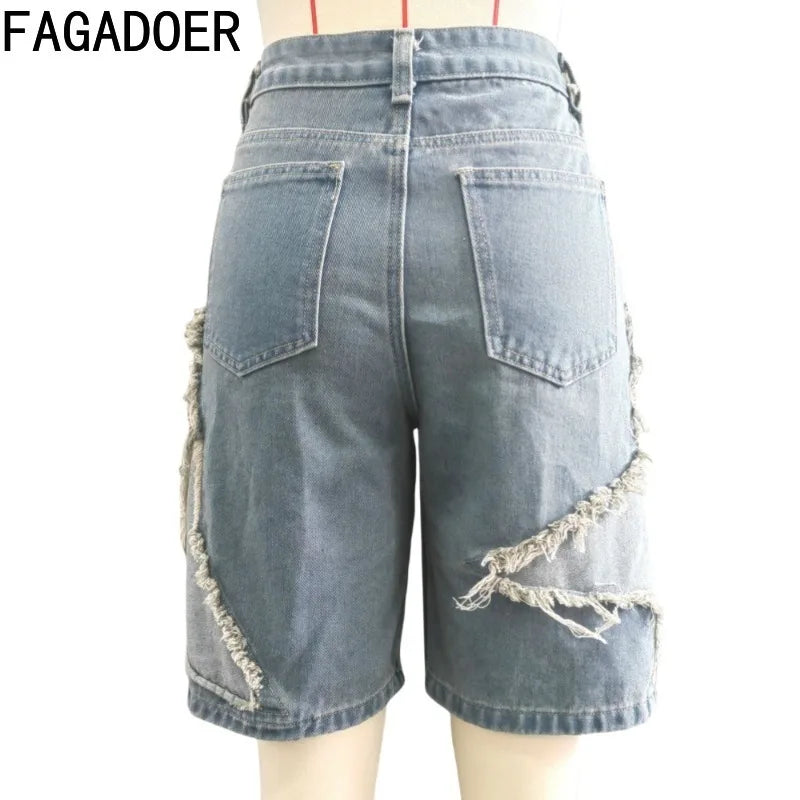 FAGADOER Retro Fashion Denim Pants Women Zipper Tassel Patchwork Straight Jeans Shorts Female Streetwear Bottoms 2025 Summer New
