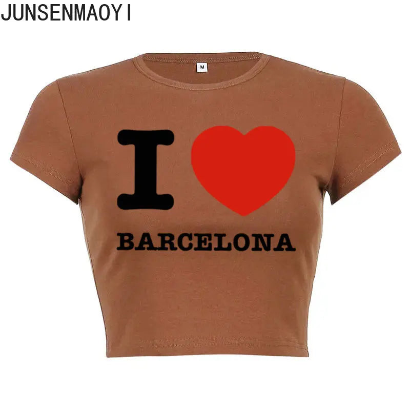 I Love Barcelona Women T Shirt Summer Harajuku Crop Top Sexy Party Clothes O Neck Cropped Navel Women Fashion T-Shirt