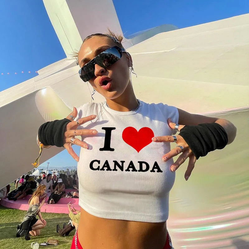 Y2k Sexy I Love Canada Print Vintage Cyber Harajuku Casual Fashion Gothic Short Sleeve Crop Top T-shirts Summer Women Streetwear