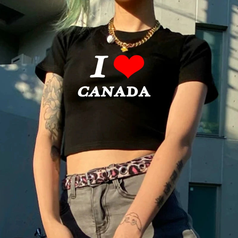 Y2k Sexy I Love Canada Print Vintage Cyber Harajuku Casual Fashion Gothic Short Sleeve Crop Top T-shirts Summer Women Streetwear