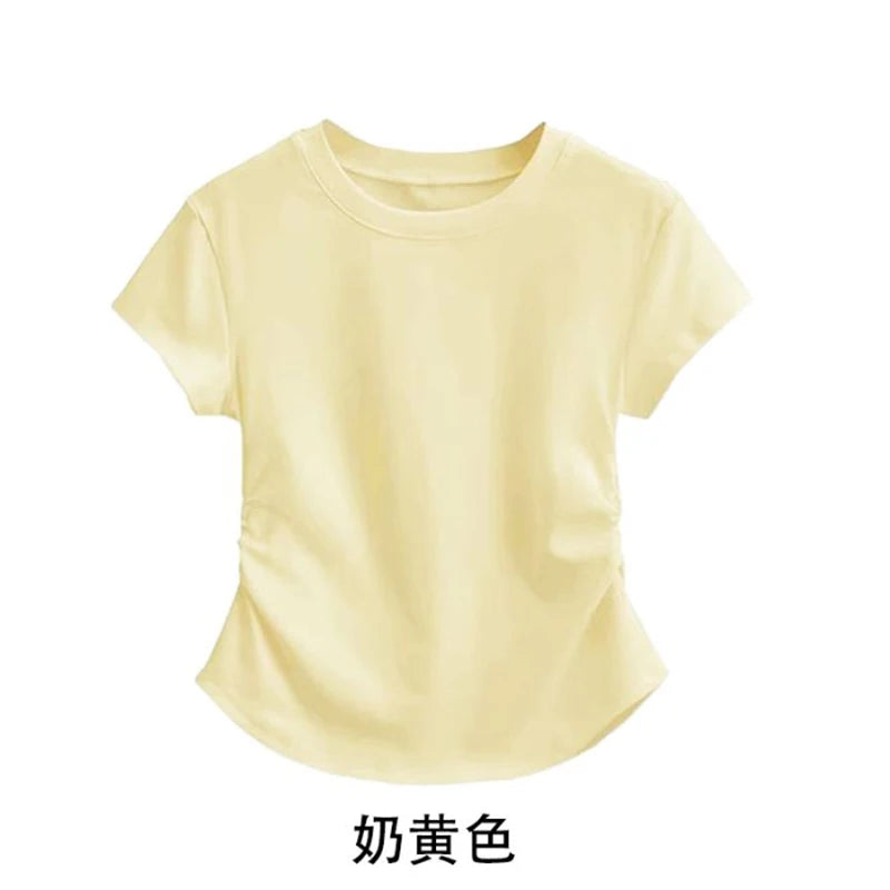Summer 100% Cotton O Neck Sexy T Shirt Women Fashion Solid Color White Short Sleeve Tops Casual Skinny Slim Pullover Street Y2k