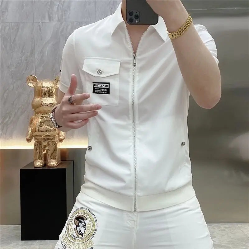 Zipper Cardigan Short-sleeved Lapel T-shirt Men's Fashion Personality Slim Casual