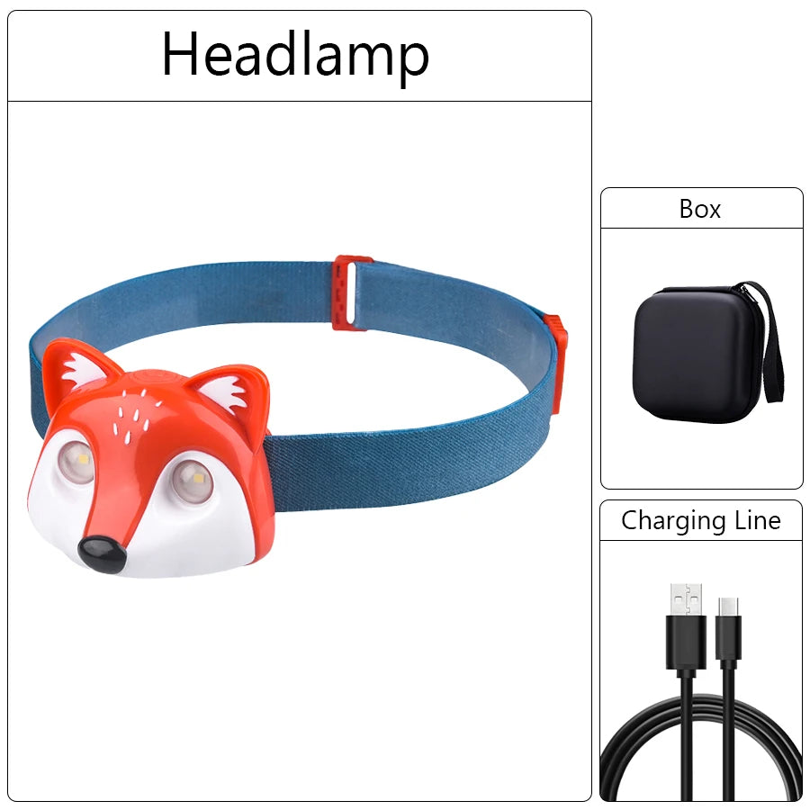 Rechargeable Kids LED Headlamps Fox Raccoon Cute Animal Headlight with 3 Modes Head Torch Outdoor Camping Lantern for Kids Gift
