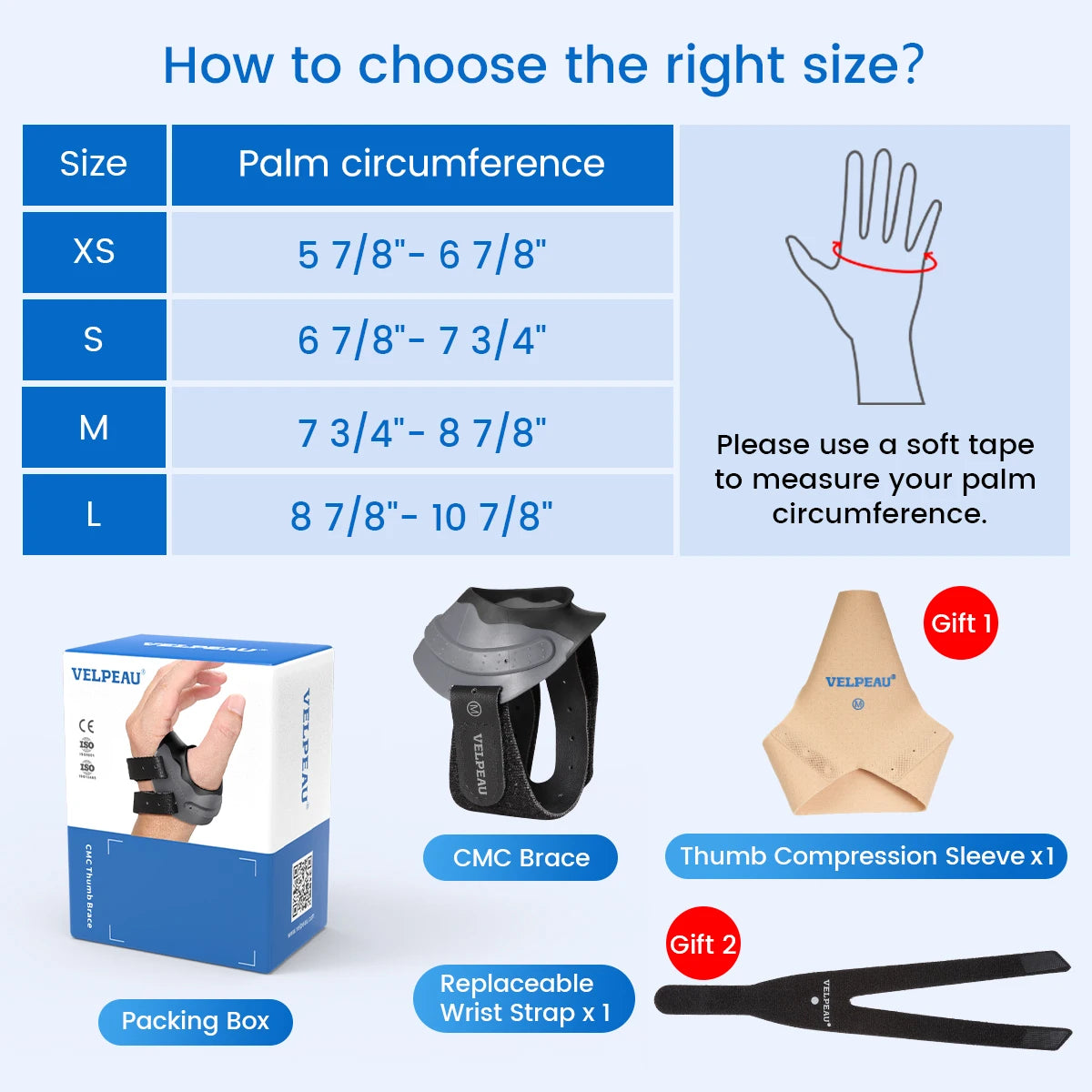 VELPEAU CMC Thumb Brace with Shape-memory Restriction Splint, Basal Thumb Arthritis Pain Relief and Support for Women and Men