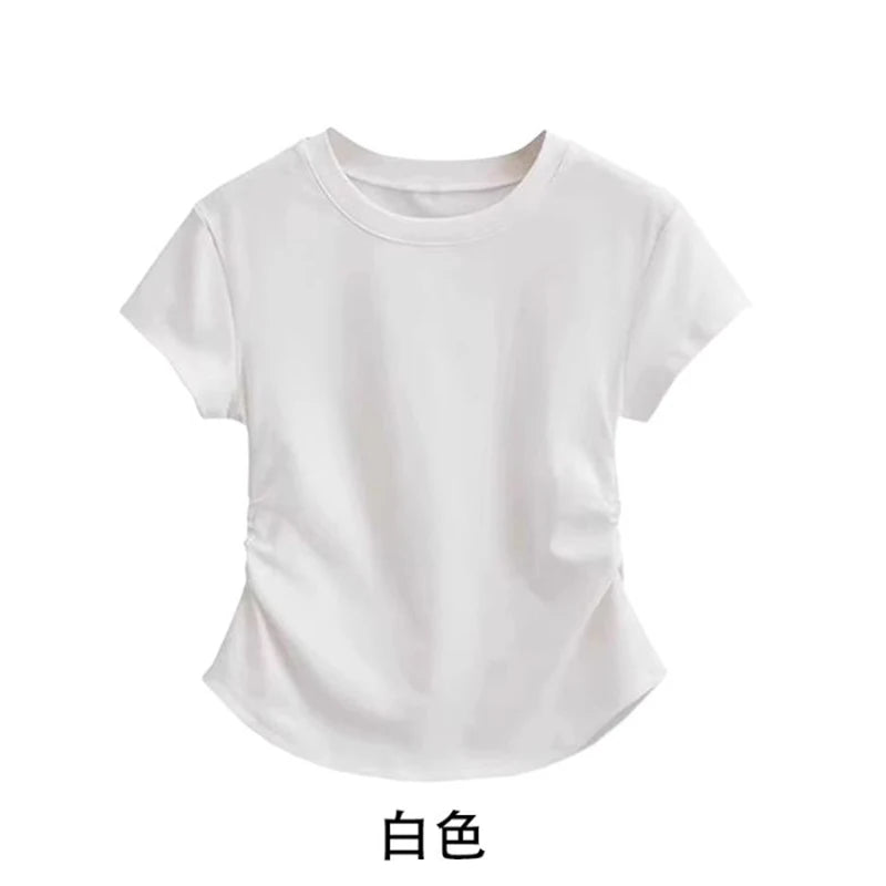 Summer 100% Cotton O Neck Sexy T Shirt Women Fashion Solid Color White Short Sleeve Tops Casual Skinny Slim Pullover Street Y2k