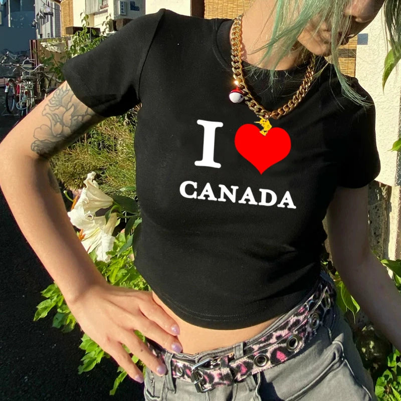 Y2k Sexy I Love Canada Print Vintage Cyber Harajuku Casual Fashion Gothic Short Sleeve Crop Top T-shirts Summer Women Streetwear