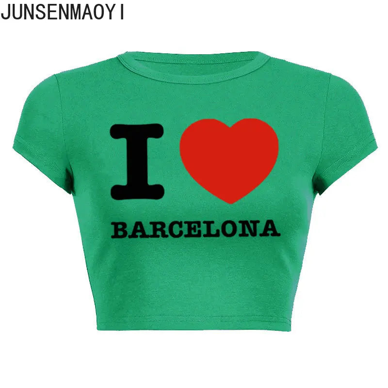 I Love Barcelona Women T Shirt Summer Harajuku Crop Top Sexy Party Clothes O Neck Cropped Navel Women Fashion T-Shirt