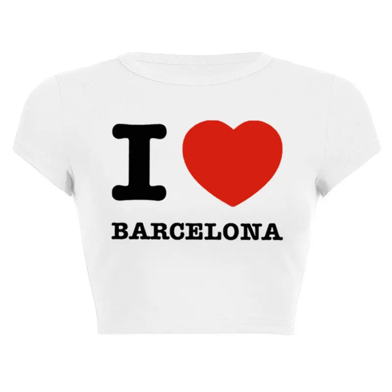 I Love Barcelona Women T Shirt Summer Harajuku Crop Top Sexy Party Clothes O Neck Cropped Navel Women Fashion T-Shirt