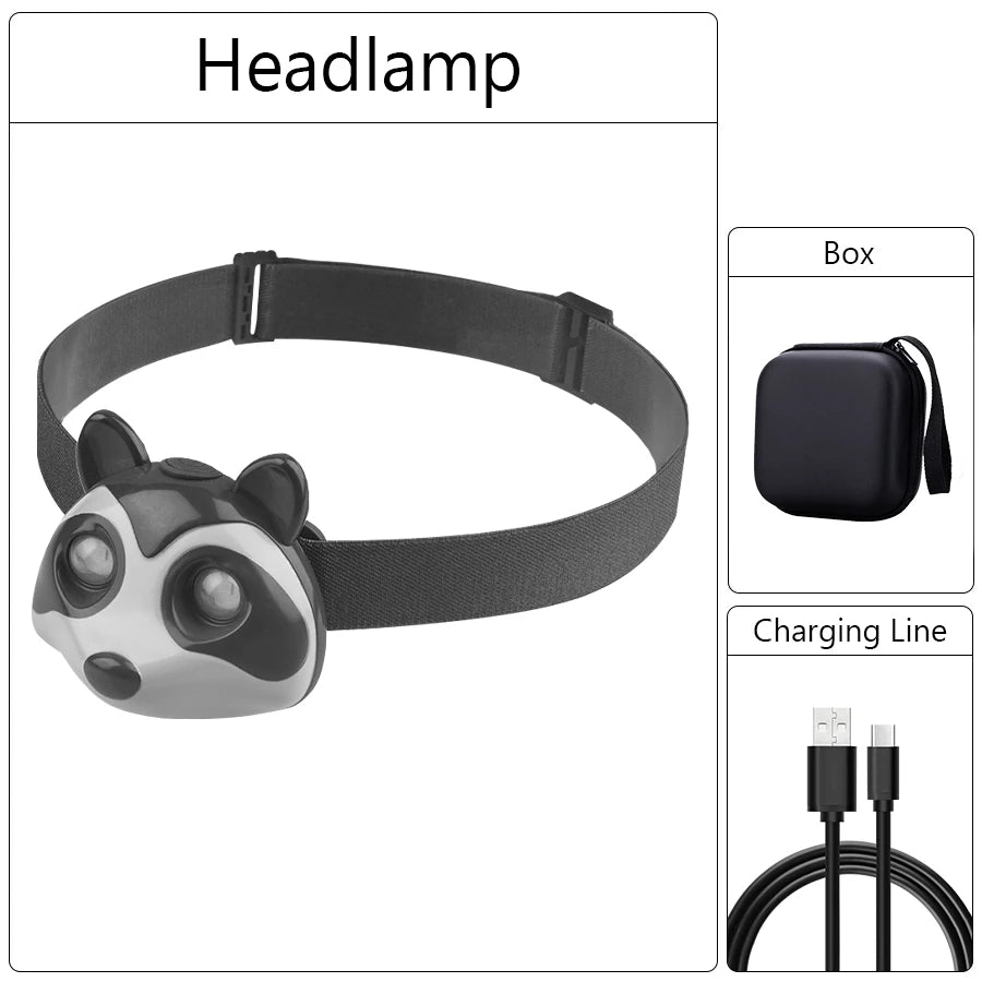 Rechargeable Kids LED Headlamps Fox Raccoon Cute Animal Headlight with 3 Modes Head Torch Outdoor Camping Lantern for Kids Gift