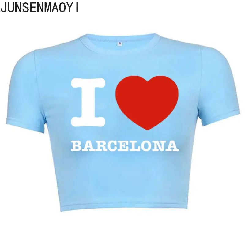 I Love Barcelona Women T Shirt Summer Harajuku Crop Top Sexy Party Clothes O Neck Cropped Navel Women Fashion T-Shirt
