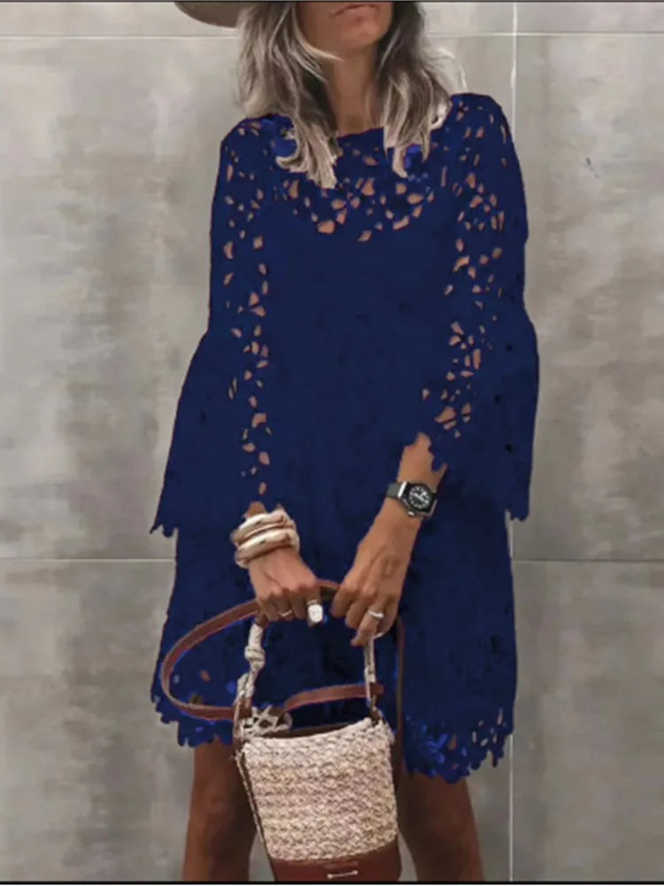 Spring Summer Sexy Lace Fashion White Embroidered Dress Elegant Solid Beach O-Neck Boho Casual Streetwear Female Party Vestido