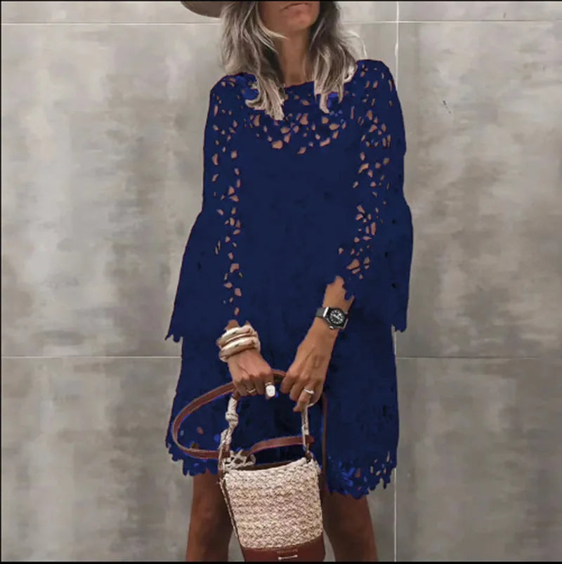 Spring Summer Sexy Lace Fashion White Embroidered Dress Elegant Solid Beach O-Neck Boho Casual Streetwear Female Party Vestido