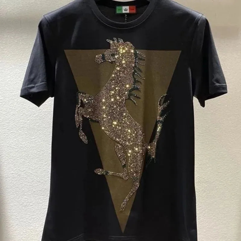 New Fashion Horse Graphic Drilling Light Luxury Short Sleeve T-shirts Men Harajuku 2025 Summer O-neck Slim T Shirt Tops Clothing