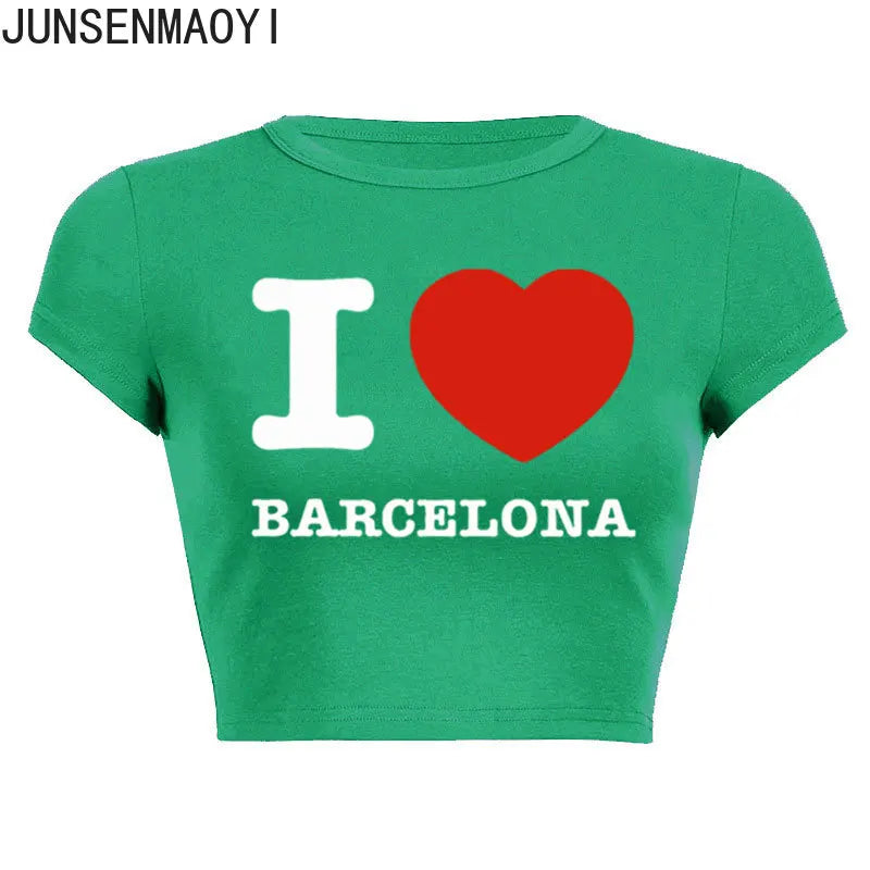 I Love Barcelona Women T Shirt Summer Harajuku Crop Top Sexy Party Clothes O Neck Cropped Navel Women Fashion T-Shirt