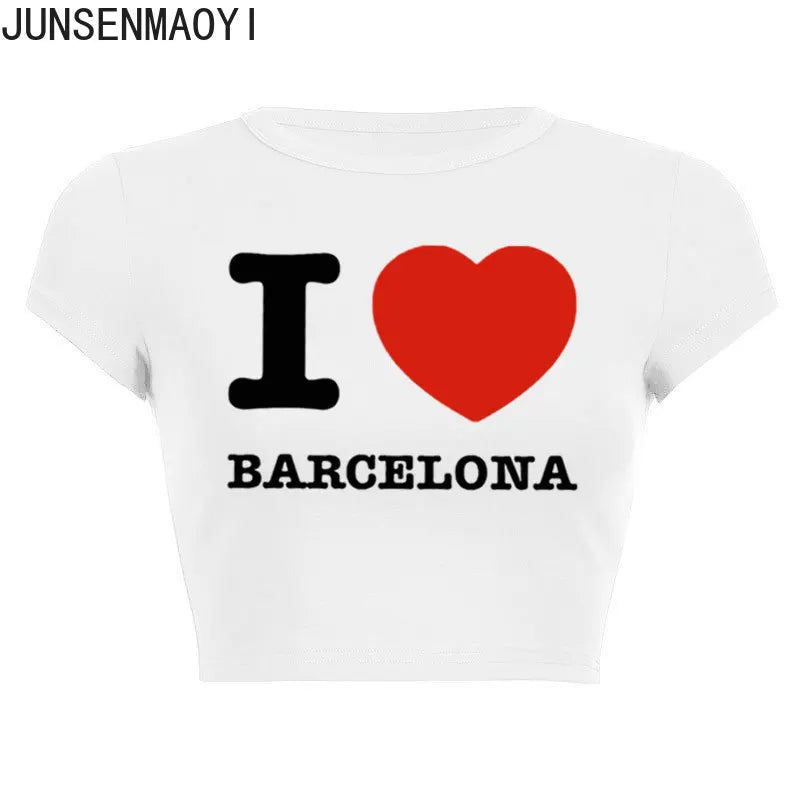 I Love Barcelona Women T Shirt Summer Harajuku Crop Top Sexy Party Clothes O Neck Cropped Navel Women Fashion T-Shirt