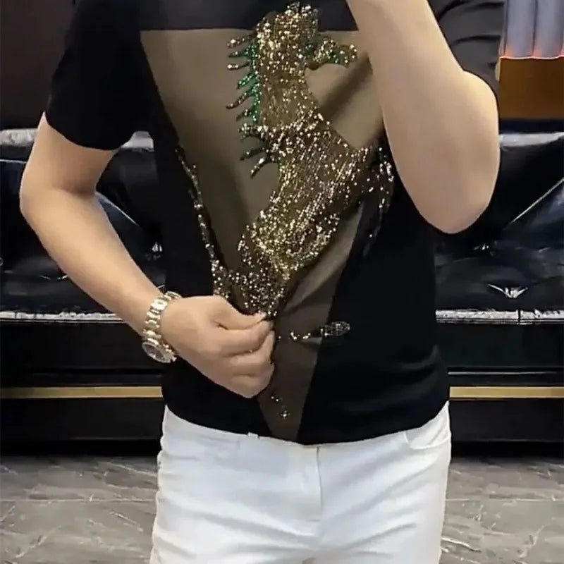 New Fashion Horse Graphic Drilling Light Luxury Short Sleeve T-shirts Men Harajuku 2025 Summer O-neck Slim T Shirt Tops Clothing