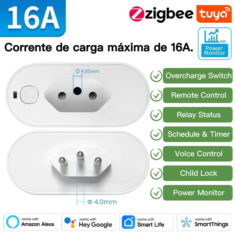 TNCE Tuya Brazil Plug 16/20A adapter, WIFI or zigbee3.0 socket with Power Monitor, Smart outlet control, Voice Google Home Alexa