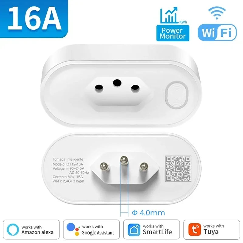 TNCE Tuya Brazil Plug 16/20A adapter, WIFI or zigbee3.0 socket with Power Monitor, Smart outlet control, Voice Google Home Alexa
