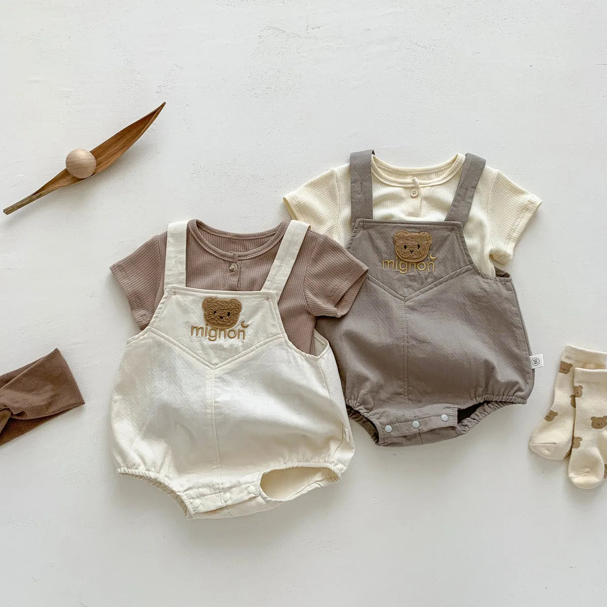 2025 New In Summer Newborn Baby Girls Boys Short Sleeve Solid Color Top T-shirts +cartoon Bear Bodysuits Kid Infant Clothing Set