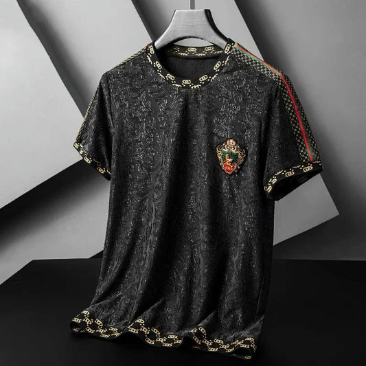 European luxury jacquard short sleeve t-shirt men's round neck summer new large embroidery badge Korean half sleeve Fashion Top