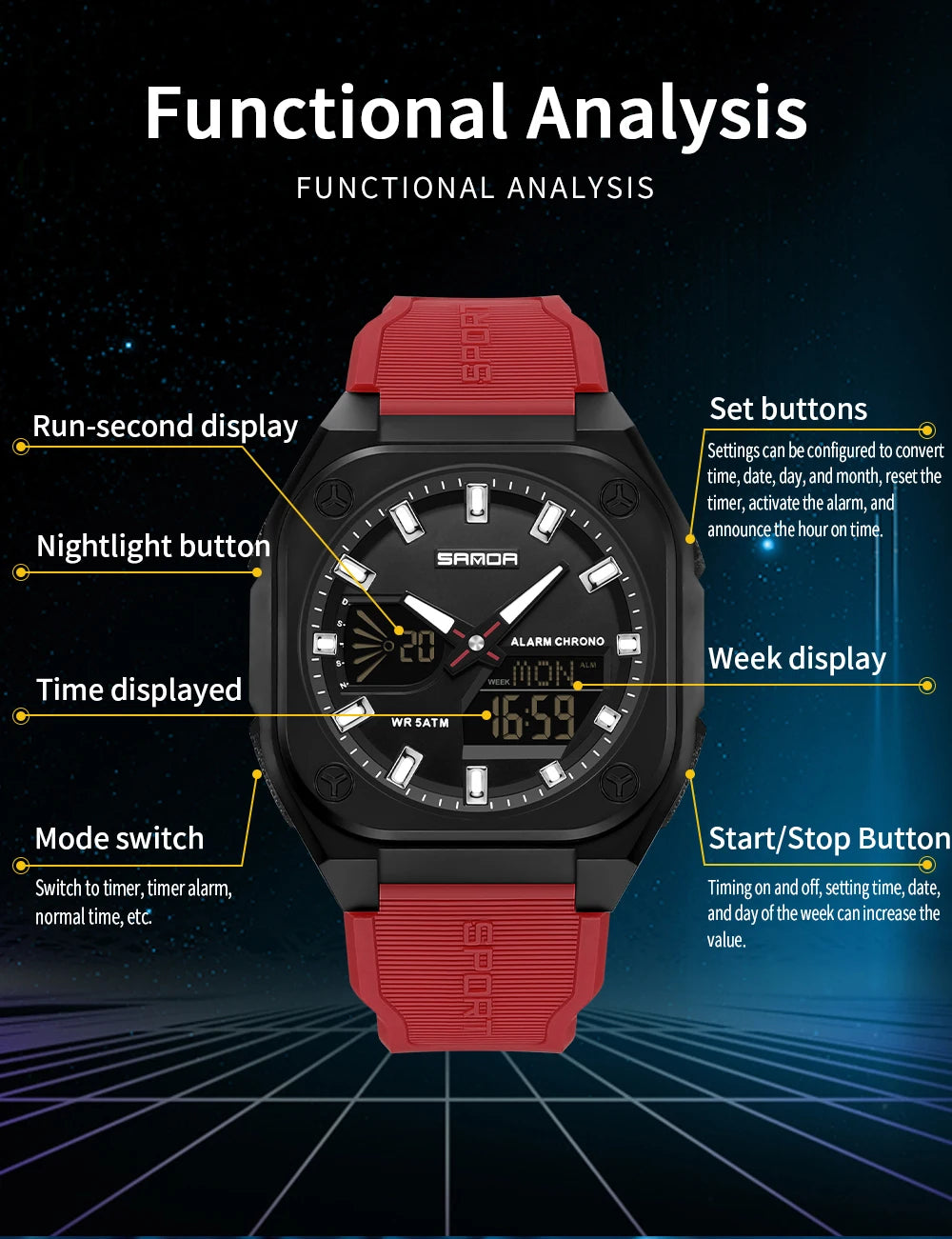 SANDA 6268 Sports Electronic Watch Men Multifunction Outdoor Students Wristwatch Alarm Clock Waterproof Luminous Digital Watches