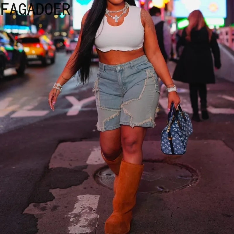 FAGADOER Retro Fashion Denim Pants Women Zipper Tassel Patchwork Straight Jeans Shorts Female Streetwear Bottoms 2025 Summer New