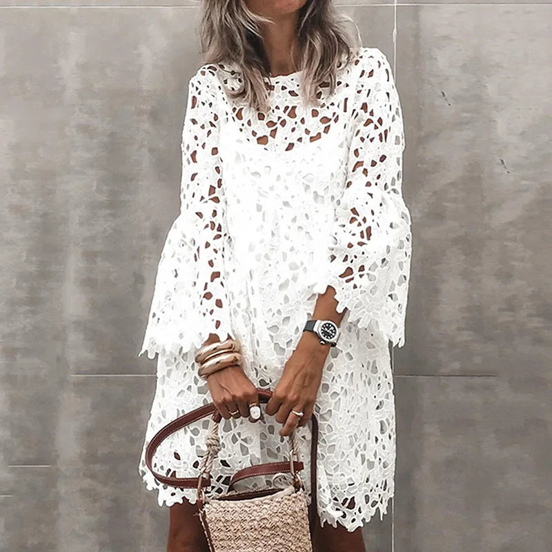 Spring Summer Sexy Lace Fashion White Embroidered Dress Elegant Solid   Beach O-Neck Boho Casual Streetwear Female Party Vestido