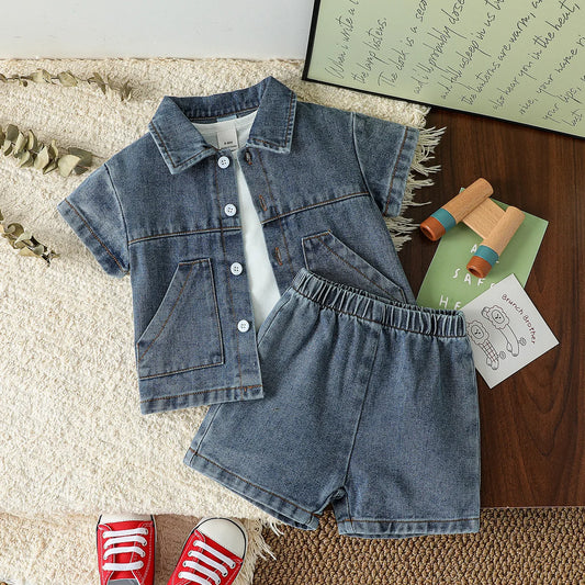 2025 Summer Baby Solid Denim Short Sleeve Set Boys /Girls' Denim Shirts& Shorts Two Piece Set Simple Casual Fashion Streetwear