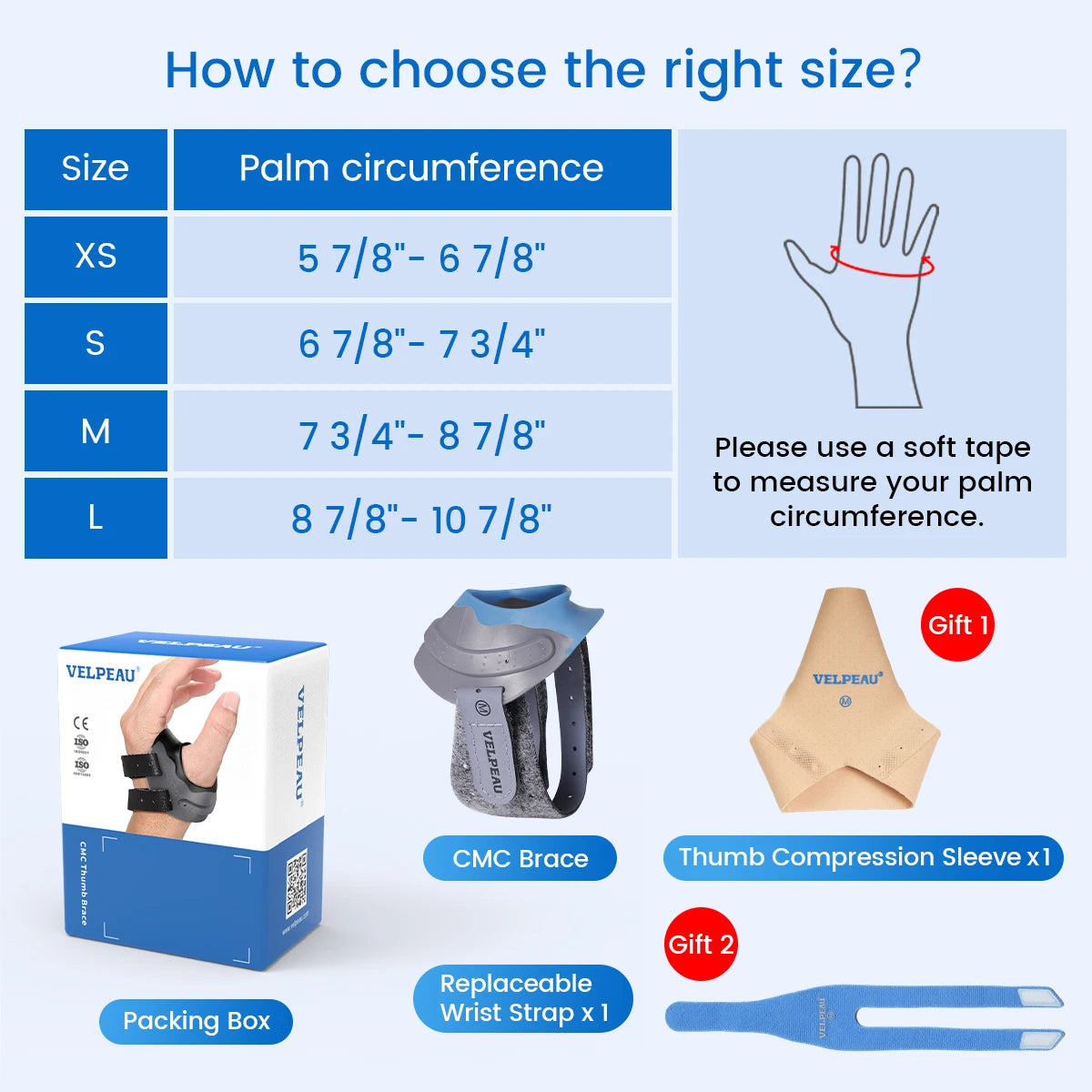 VELPEAU CMC Thumb Brace with Shape-memory Restriction Splint, CMC Joint Stabilizer for Basal Thumb Arthritis and Pain Relief