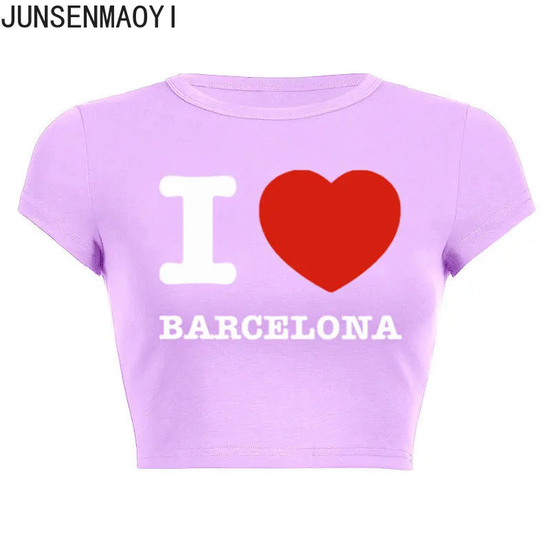 I Love Barcelona Women T Shirt Summer Harajuku Crop Top Sexy Party Clothes O Neck Cropped Navel Women Fashion T-Shirt