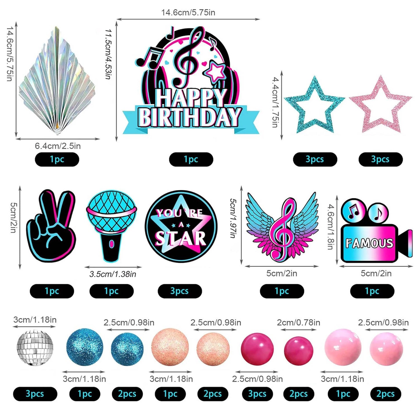 Musical Cake Toppers Set - Reusable Star & Microphone Decor for Karaoke Theme Birthday, Baby Shower Party Supplies