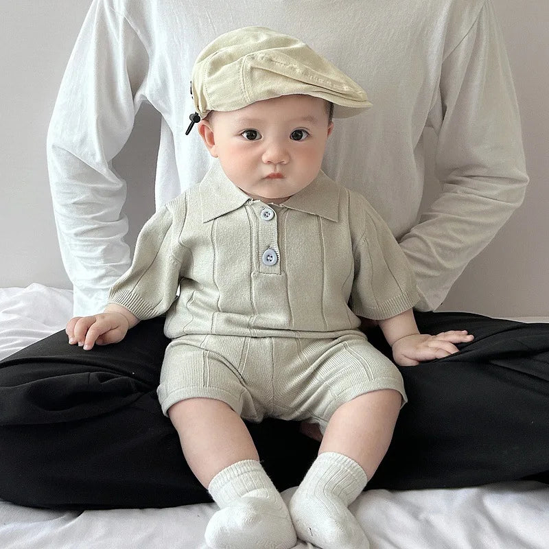 Male Baby Summer Set Baby Korean Style Knitted Thin Short Sleeved Shorts Two-piece Set for One Year Old Children's Clothing