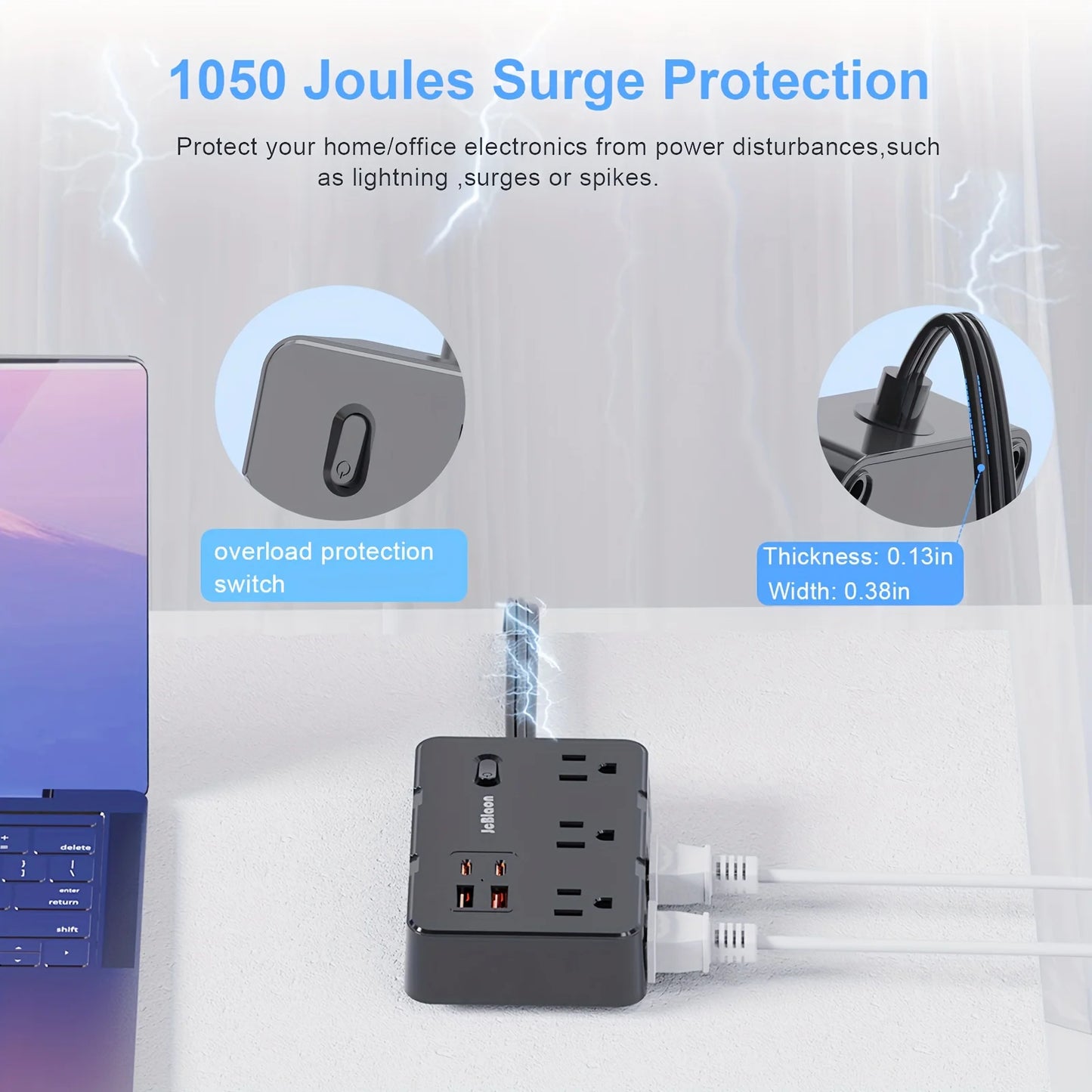 Surge Protector Ultra Thin Flat US Plug with 6 Widely Outlets 4 USB Ports,5ft Extender Cable,Power Strip Adapter for Home Office