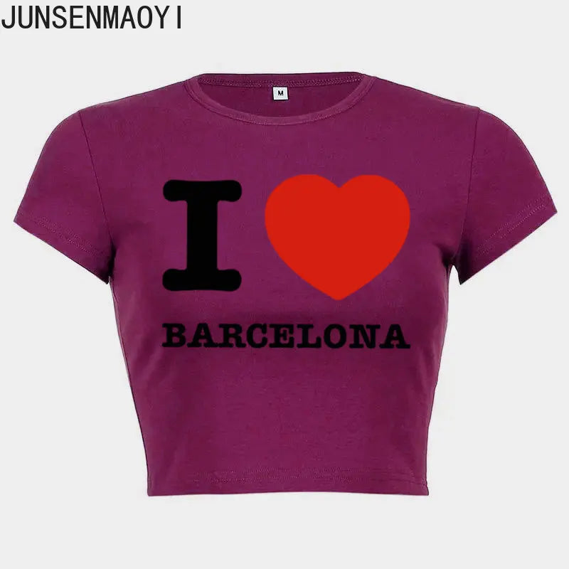 I Love Barcelona Women T Shirt Summer Harajuku Crop Top Sexy Party Clothes O Neck Cropped Navel Women Fashion T-Shirt