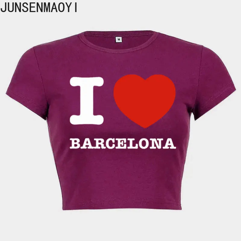 I Love Barcelona Women T Shirt Summer Harajuku Crop Top Sexy Party Clothes O Neck Cropped Navel Women Fashion T-Shirt