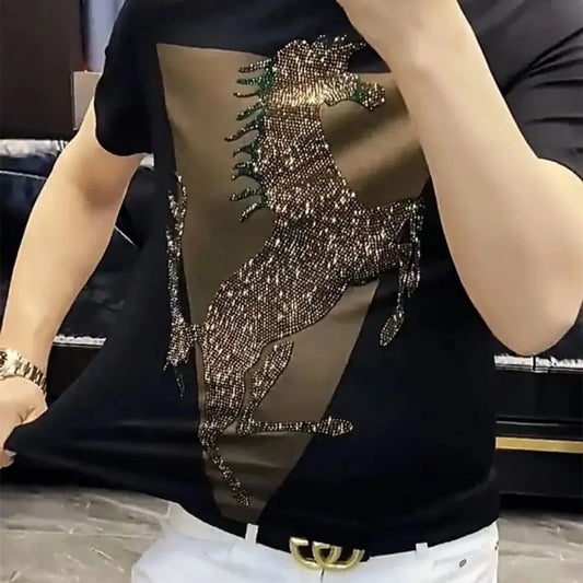 New Fashion Horse Graphic Drilling Light Luxury Short Sleeve T-shirts Men Harajuku 2025 Summer O-neck Slim T Shirt Tops Clothing