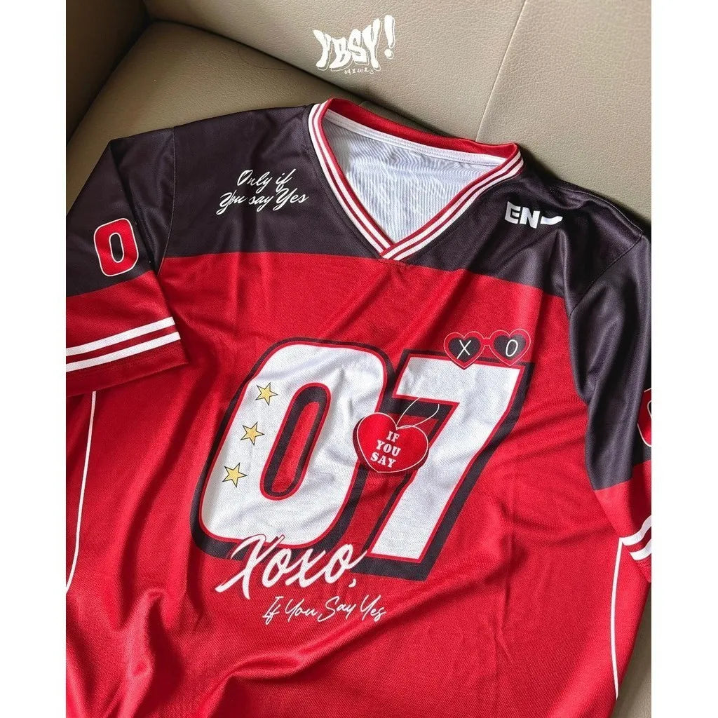2025 Summer New EN Special Jersey X.O Women's V-neck Loose Breathable T-shirt Street Fashion Casual Retro Y2K Hip Hop Shirt