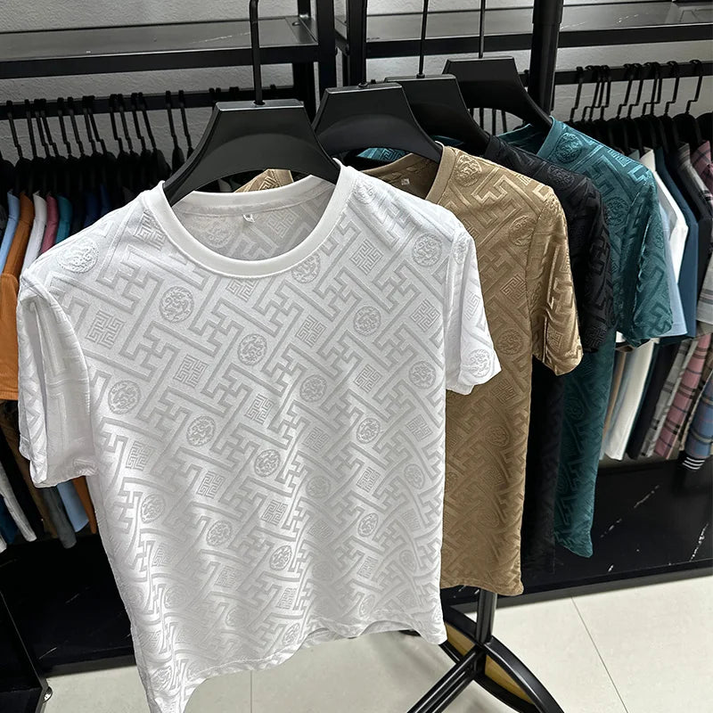 New Brand Ice Silk Breathable Short Sleeve Men O-neck Tops Fashion Designer 2024 Summer Cool Comfortable T-shirt Men's Clothing