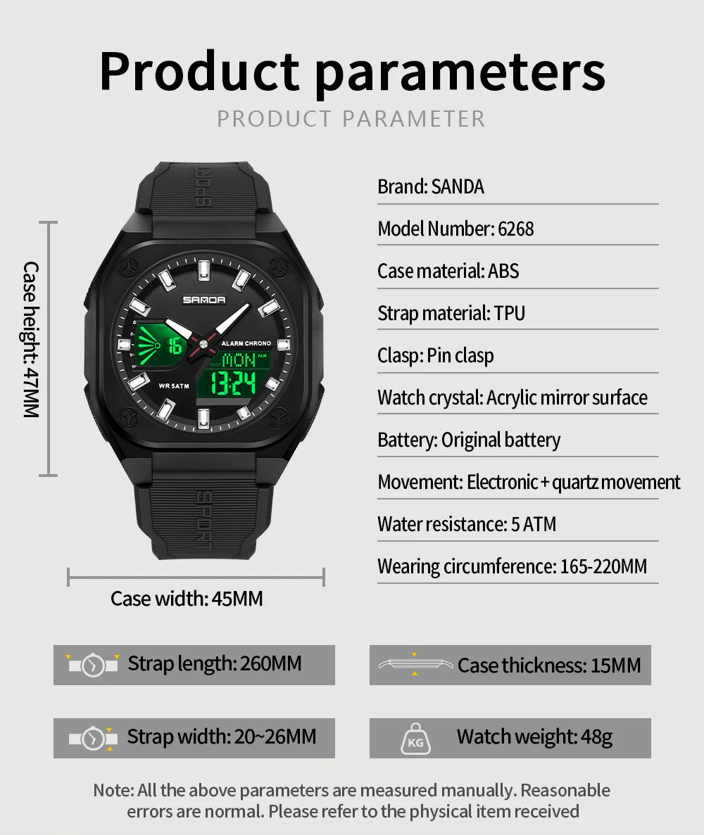 SANDA 6268 Sports Electronic Watch Men Multifunction Outdoor Students Wristwatch Alarm Clock Waterproof Luminous Digital Watches