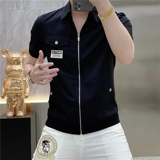 Zipper Cardigan Short-sleeved Lapel T-shirt Men's Fashion Personality Slim Casual