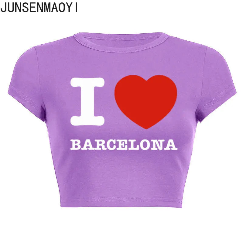 I Love Barcelona Women T Shirt Summer Harajuku Crop Top Sexy Party Clothes O Neck Cropped Navel Women Fashion T-Shirt