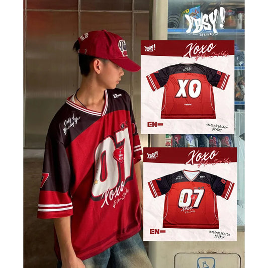 2025 Summer New EN Special Jersey X.O Women's V-neck Loose Breathable T-shirt Street Fashion Casual Retro Y2K Hip Hop Shirt